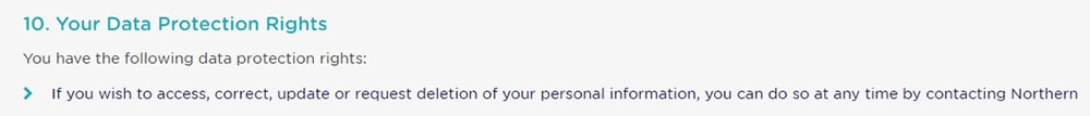 Northern Rail Privacy Policy: Your Data Protection Rights clause - excerpt about how to access, correct, update or delete personal information