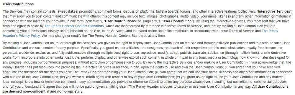 The Penny Hoarder Terms of Use: Excerpt of User Contributions clause