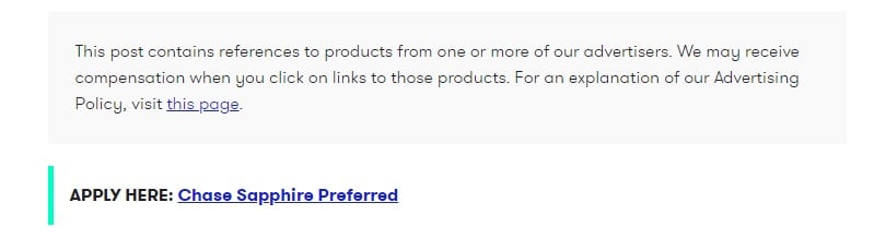 The Points Guy: Affiliate disclaimer within blog post