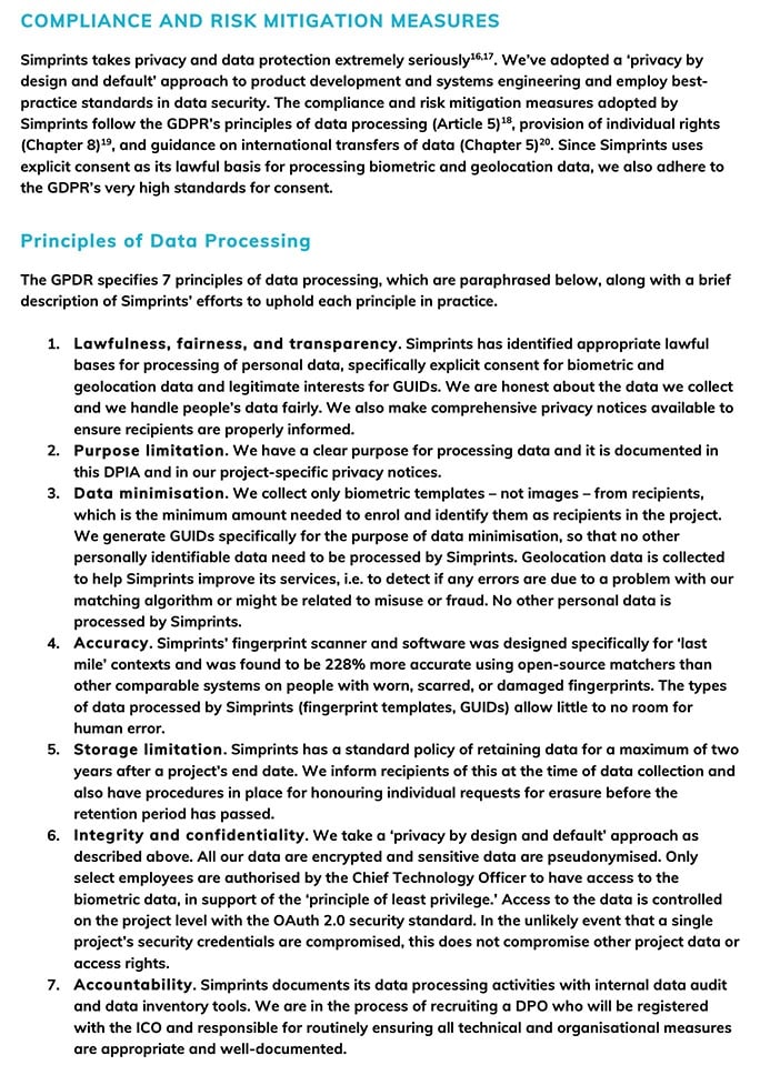 Simprints Technology DPIA: Compliance and Risk Mitigation Measures - Principles of Processing GDPR section