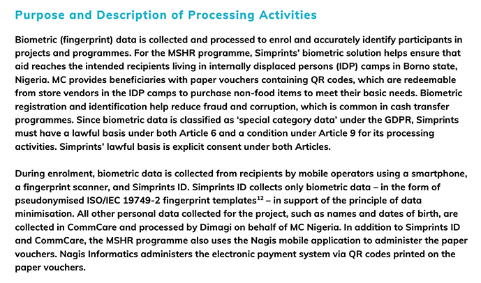 Simprints Technology DPIA: Purpose and Description of Processing Activities section