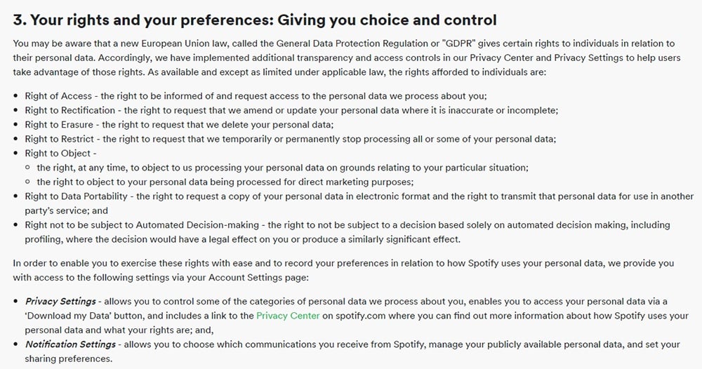 Spotify Privacy Policy: Your rights and your preferences: Giving you choice and control clause