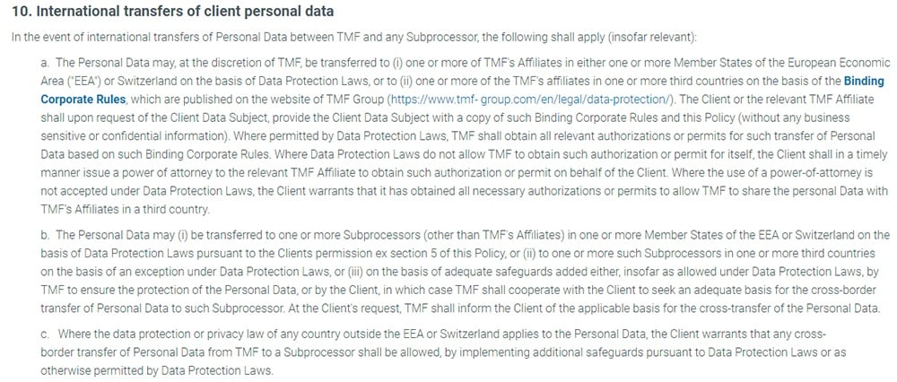 TMF Group Personal Data Protection Policy: International transfers of client personal data clause