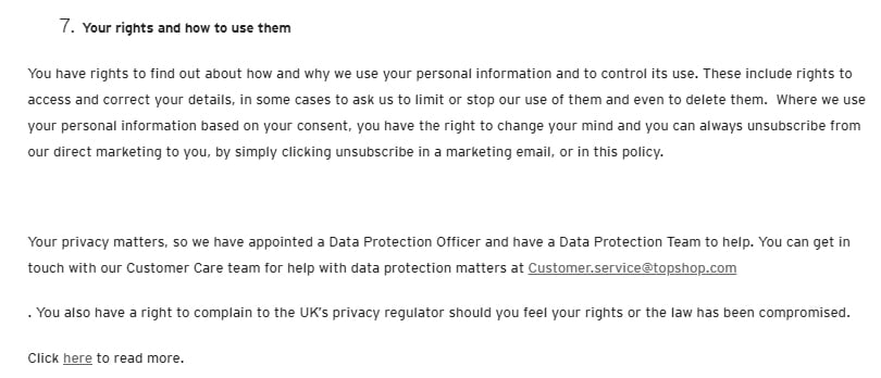 Topshop Privacy Policy: User rights and how to use them clause