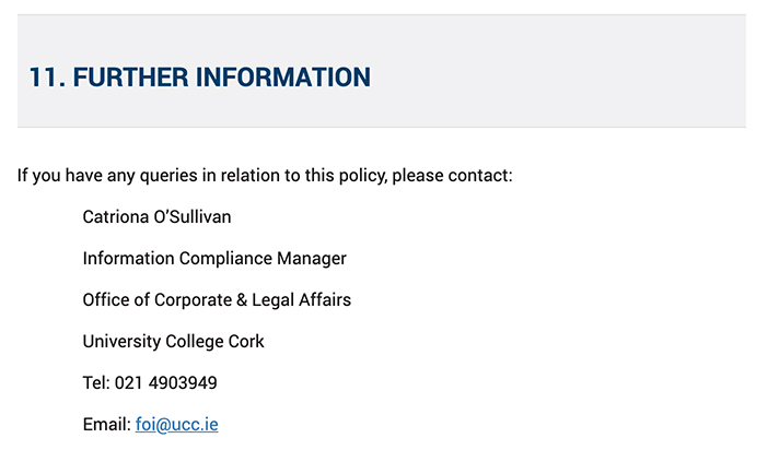 University College Cork Ireland Data Protection Policy: Further Information contact clause