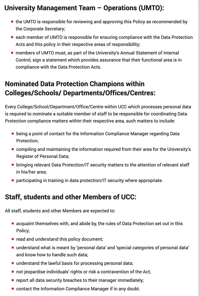 University College Cork Ireland Data Protection Policy: Expectations excerpt of Roles and responsibilities clause