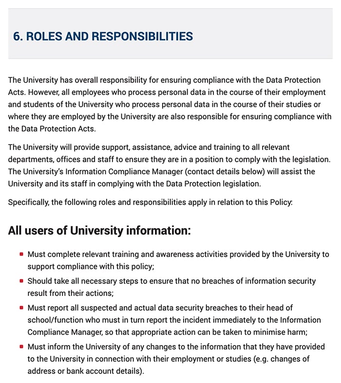 University College Cork Ireland Data Protection Policy: Introduction excerpt of Roles and responsibilities clause