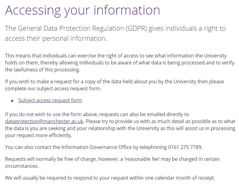 University of Manchester: Accessing Your Information section with link to subject access request form