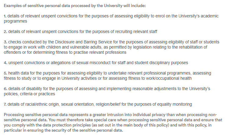 University of Nottingham Data Protection Policy: Examples of sensitive personal data clause