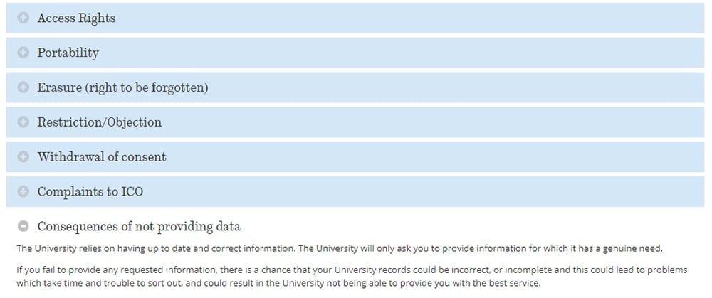 University of Sheffield Privacy Notice: Menu showing GDPR user rights and consequences of not providing data excerpt