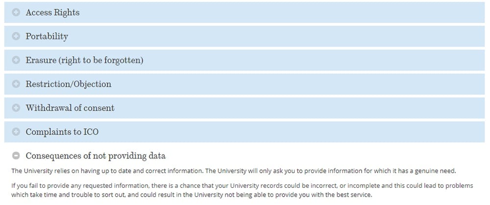 University of Sheffield Privacy Notice: Menu showing GDPR user rights and consequences of not providing data excerpt