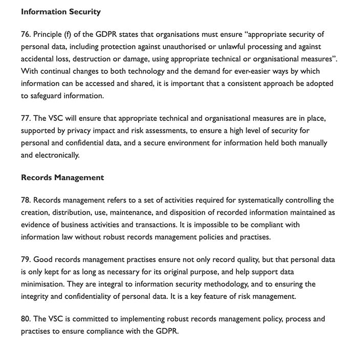 VSC GDPR Policy: Information Security and Records Management sections