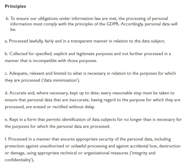 VSC GDPR Policy: Principles section