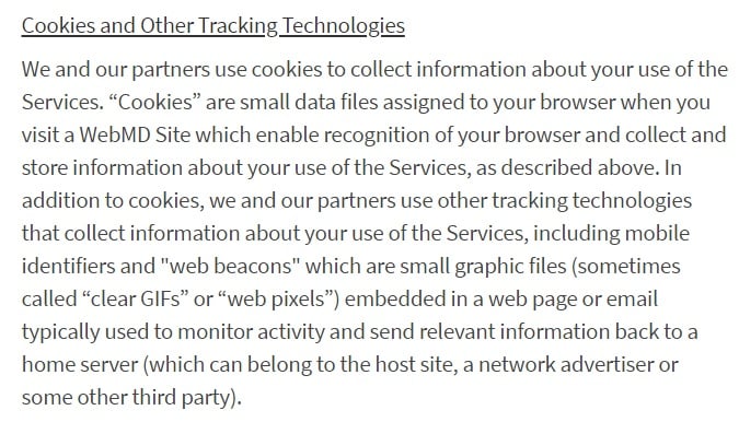 WebMD Privacy Policy: Cookies and Other Tracking Technologies clause excerpt