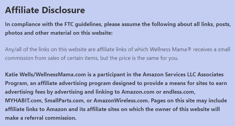 Wellness Mama blog: Affiliate Disclosure dedicated page excerpt