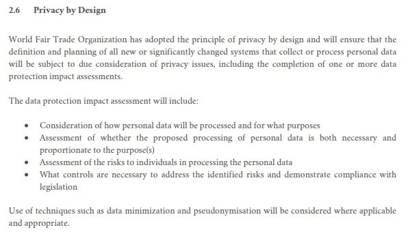 WFTO Privacy and Personal Data Protection Policy: Privacy by Design clause