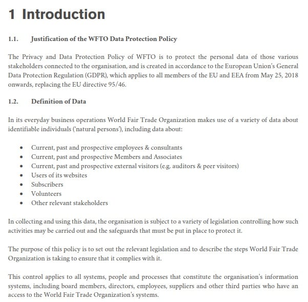 WFTO Privacy and Personal Data Protection Policy: Introduction clause excerpt