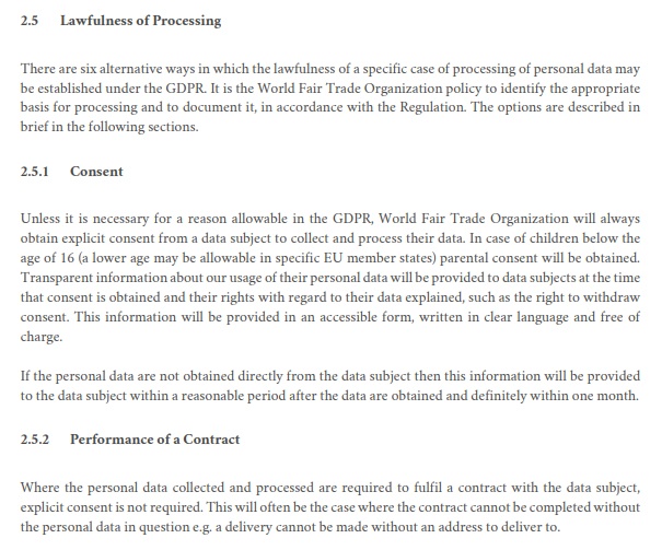 WFTO Privacy and Personal Data Protection Policy: Lawfulness of Processing clause excerpt