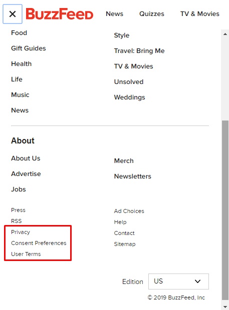 BuzzFeed About menu with legal links highlighted