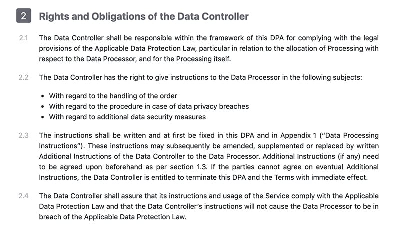 CloudMQTT DPA: Excerpt of Rights and Obligations of the Data Controller section