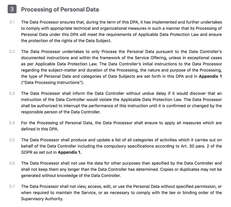 CloudMQTT DPA: Processing of Personal Data section