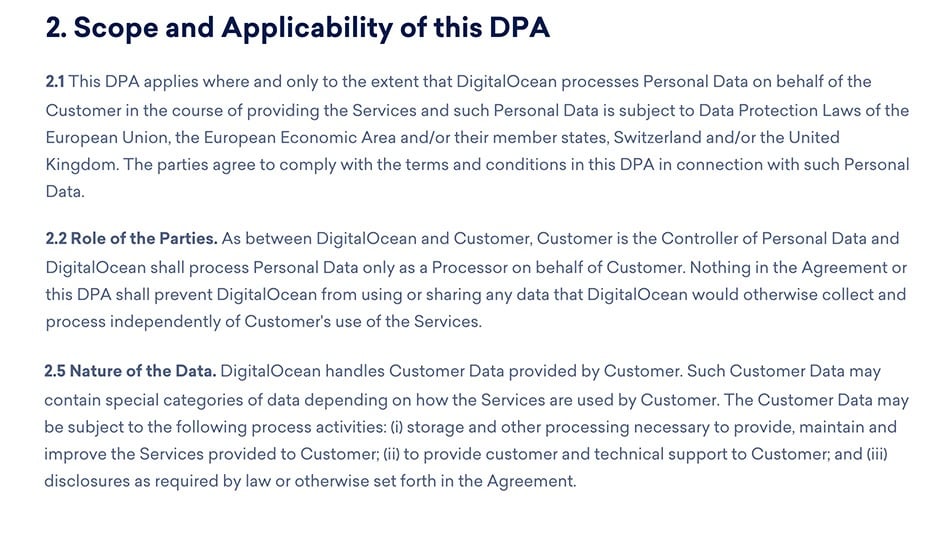 DigitalOcean DPA: Excerpt of Scope and Applicability section