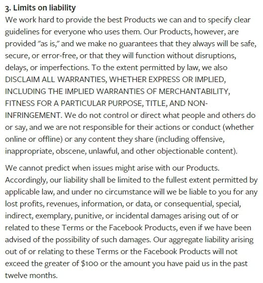 Facebook Terms of Service: Limits on liability clause