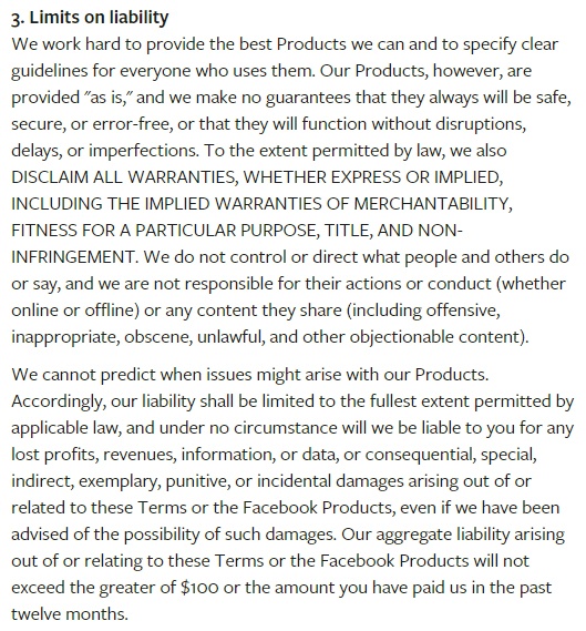 Facebook Terms of Service: Limits on liability clause