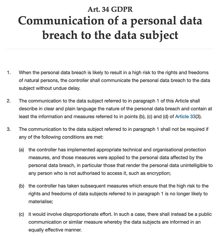 GDPR Info: Article 34 - Communication of a Personal Data Breach to the Data Subject