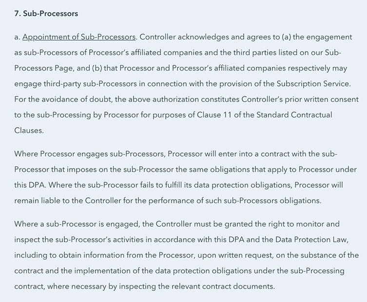 HubSpot DPA: Excerpt of Appointment of Sub-Processors section