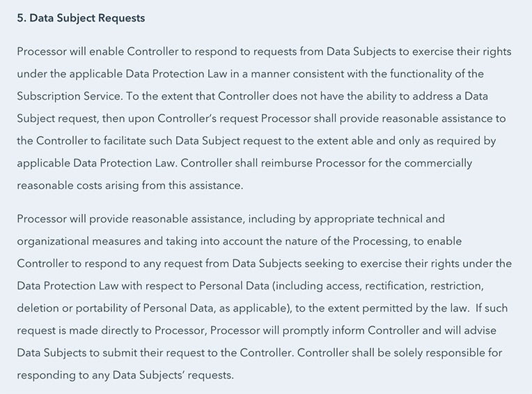 HubSpot DPA: Data Subject Requests section