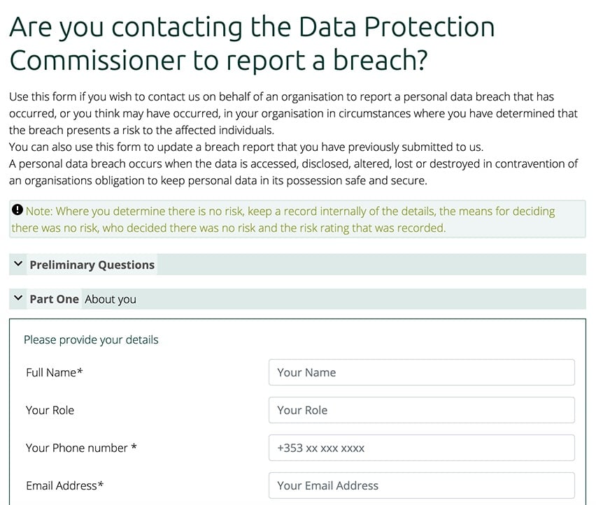 Ireland Data Protection Authority web contact form for reporting data breach - Part one