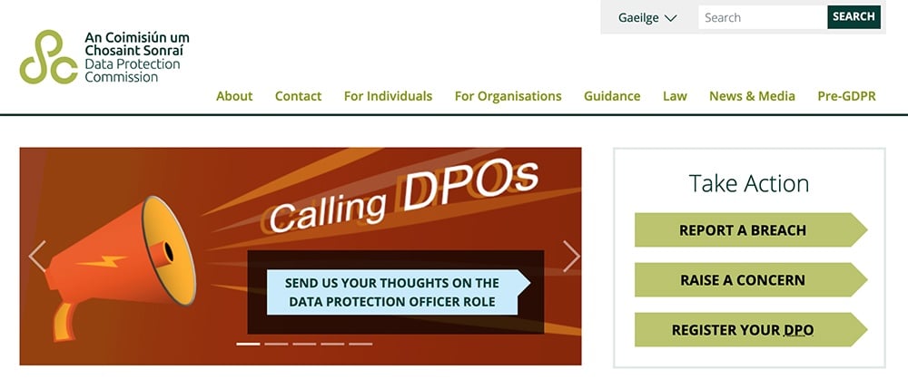 Screenshot of Ireland Data Protection Authority website homepage