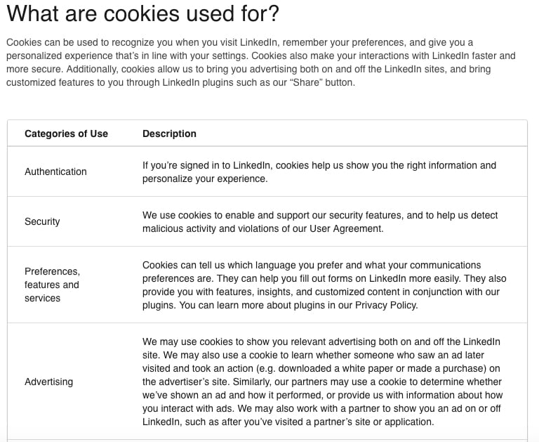 LinkedIn Cookie Policy: What are Cookies Used For chart excerpt