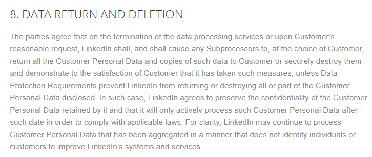 LinkedIn DPA: Data Return and Deletion section