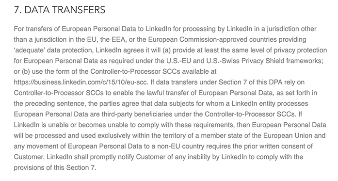 LinkedIn DPA: Data Transfers section