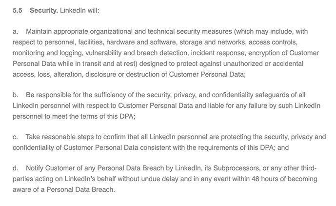 LinkedIn DPA: LinkedIn Obligations - Security section