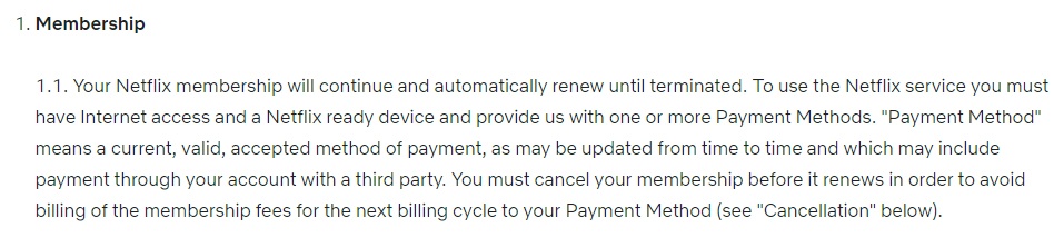 Netflix Terms of Use: Membership clause excerpt