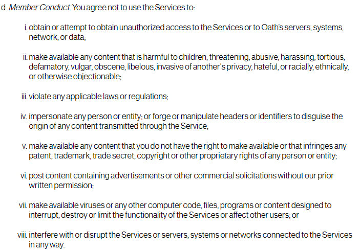 Oath Terms of Service: Member Conduct clause