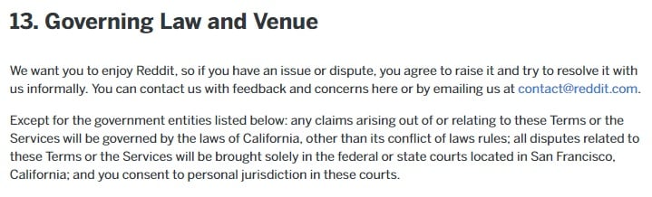 Reddit User Agreement: Governing Law and Venue clause excerpt