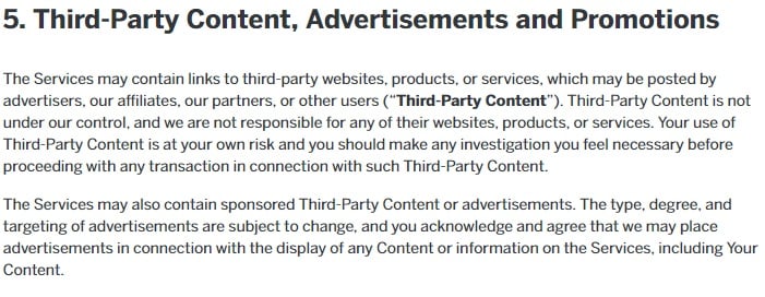 Reddit User Agreement: Third Party Content clause excerpt