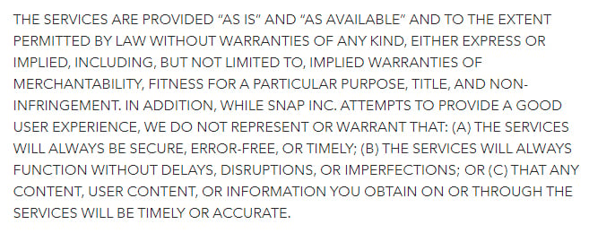 Snap Terms of Service: Warranty Disclaimer clause