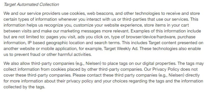 Target Privacy Policy: Automated Collection cookie clause