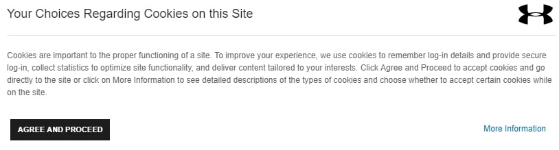 Under Armour UK Cookie Consent notice