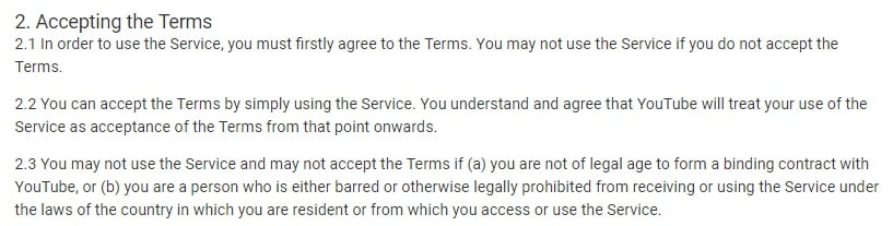 YouTube Terms of Service: Accepting the Terms clause