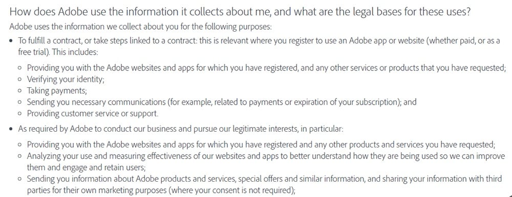 Adobe Privacy Policy: Excerpt of How does Adobe use information it collects and what are legal bases for uses clause