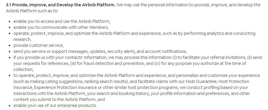 Airbnb Privacy Policy: How We Use Information clause - improve and develop platform section