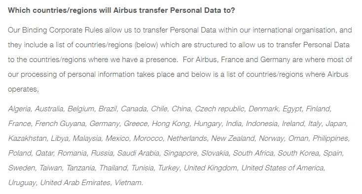 Airbus Privacy Policy: International transfer of personal data clause