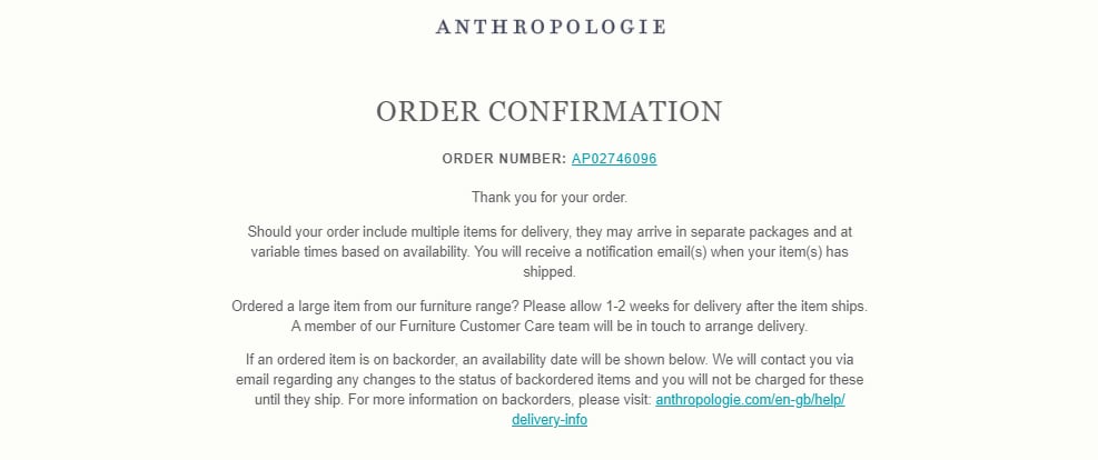 Screenshot of Anthropologie order confirmation email