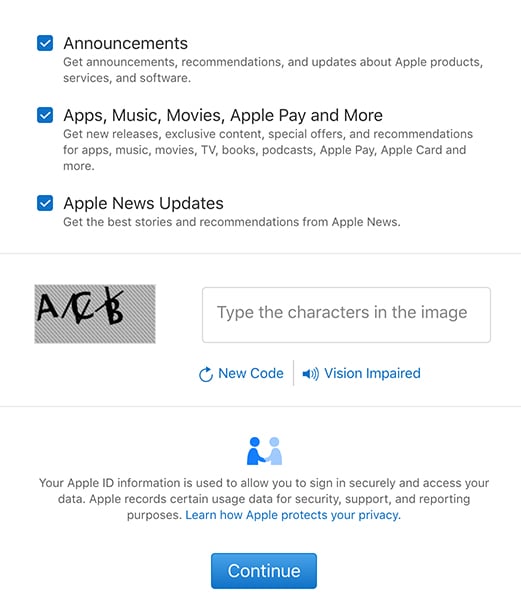 Apple Create ID form with pre-ticked checkboxes